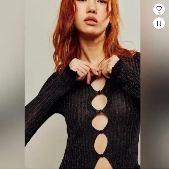 Free People Erica Lurex Metallic Ribbed Black Y2K Coquette Girl Cardigan NWOT XS - Picture 2 of 8